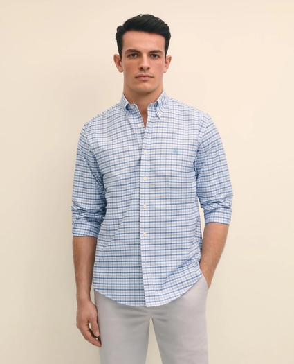 Stretch Cotton Non-Iron Oxford Polo Button-Down Collar, Outline Check Shirt, image 1