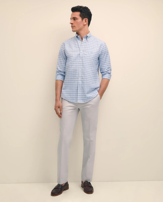Stretch Cotton Non-Iron Oxford Polo Button-Down Collar, Outline Check Shirt