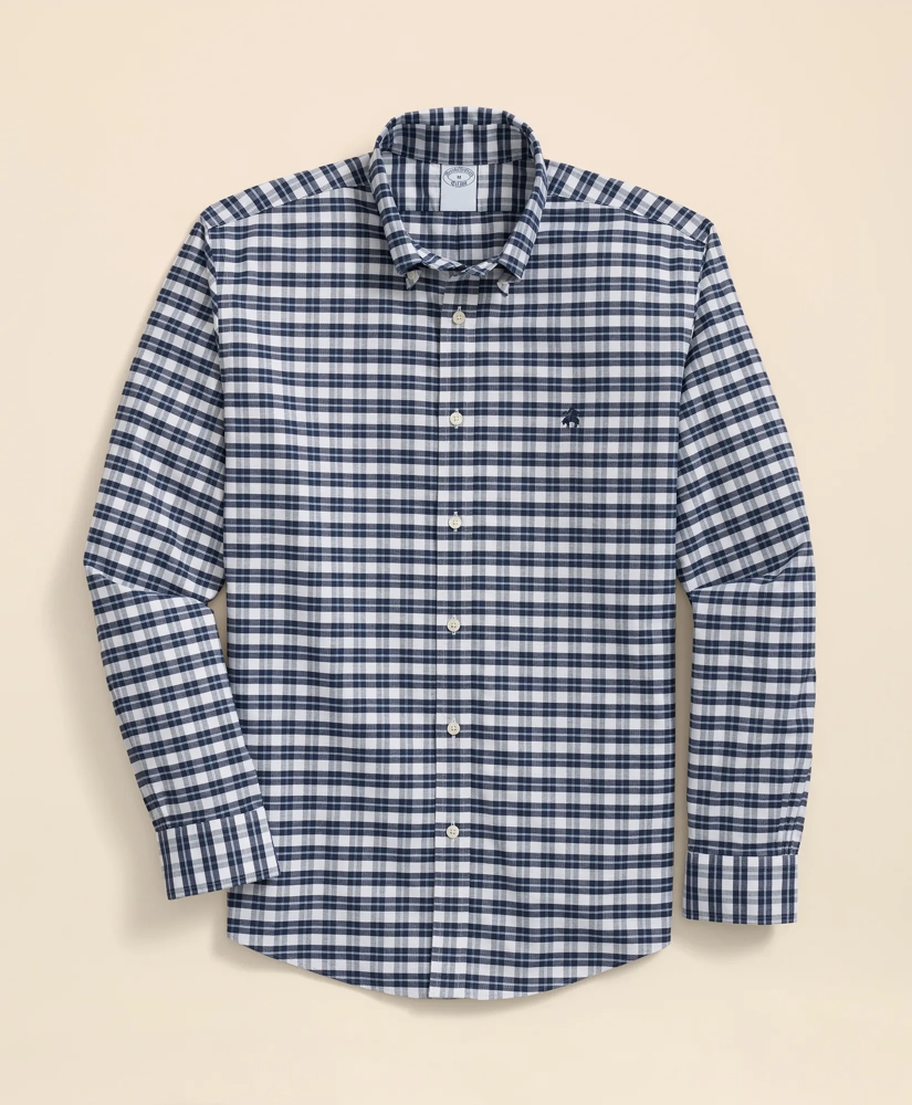 Stretch Cotton Non-Iron Oxford Polo Button Down Collar, Checked Shirt