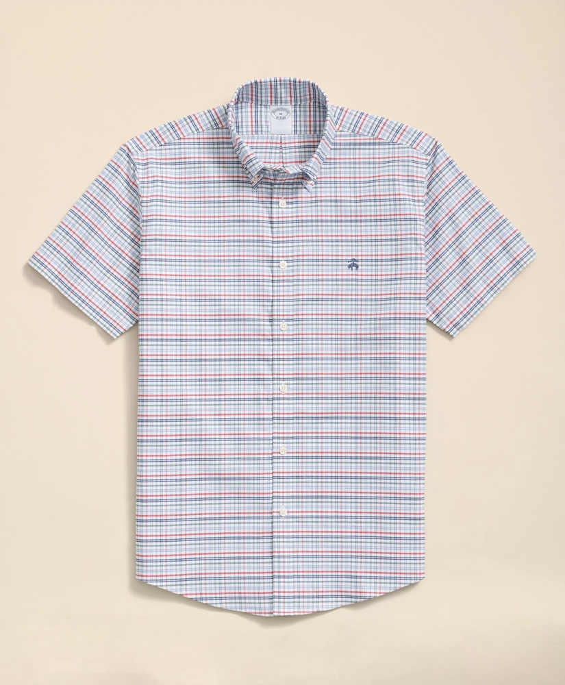 Stretch Cotton Non-Iron Oxford Polo Button Down Collar, Windowpane Short-Sleeve Shirt