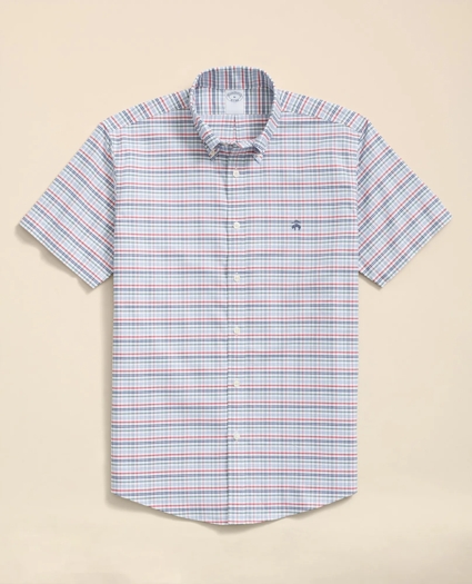 Stretch Cotton Non-Iron Oxford Polo Button Down Collar, Windowpane Short-Sleeve Shirt, image 1