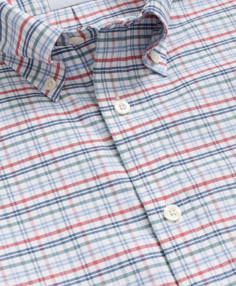 Stretch Cotton Non-Iron Oxford Polo Button Down Collar, Windowpane Short-Sleeve Shirt