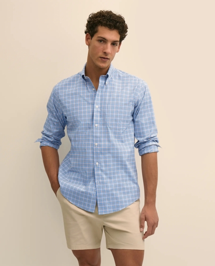 Stretch Cotton Non-Iron Broadcloth Polo Button-Down Collar, Multi-Check Sport Shirt, image 1