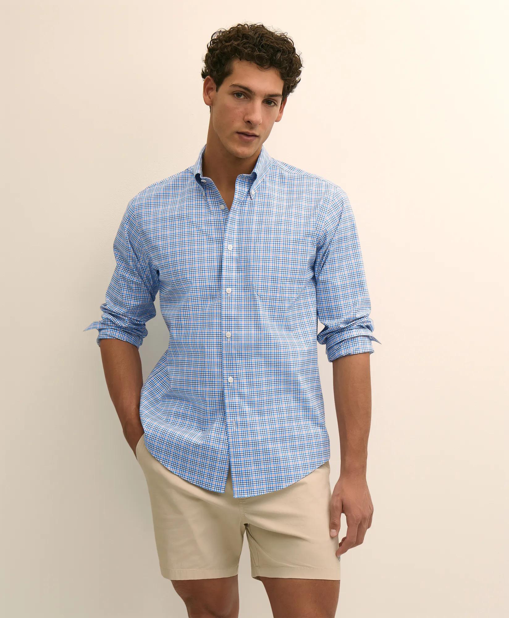Stretch Non-Iron Poplin Polo Button Down, Multi-Check Sport Shirt, image 1