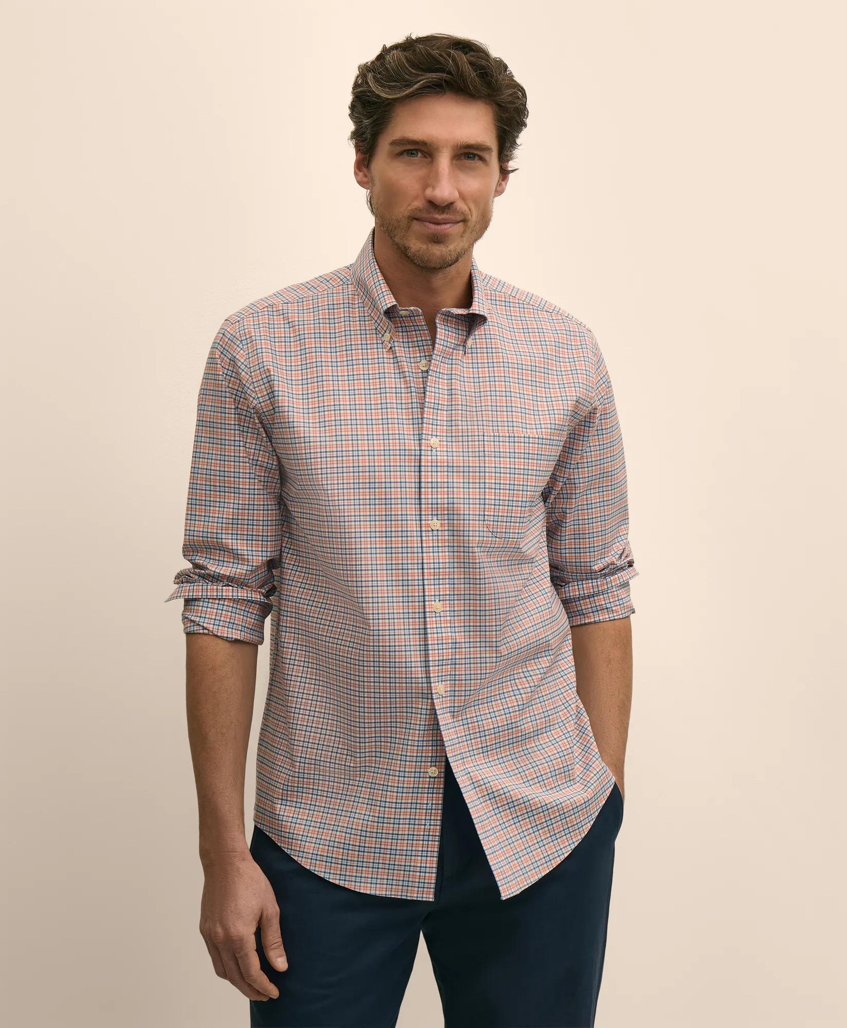 Stretch Non-Iron Poplin Polo Button Down, Check Sport Shirt, image 1