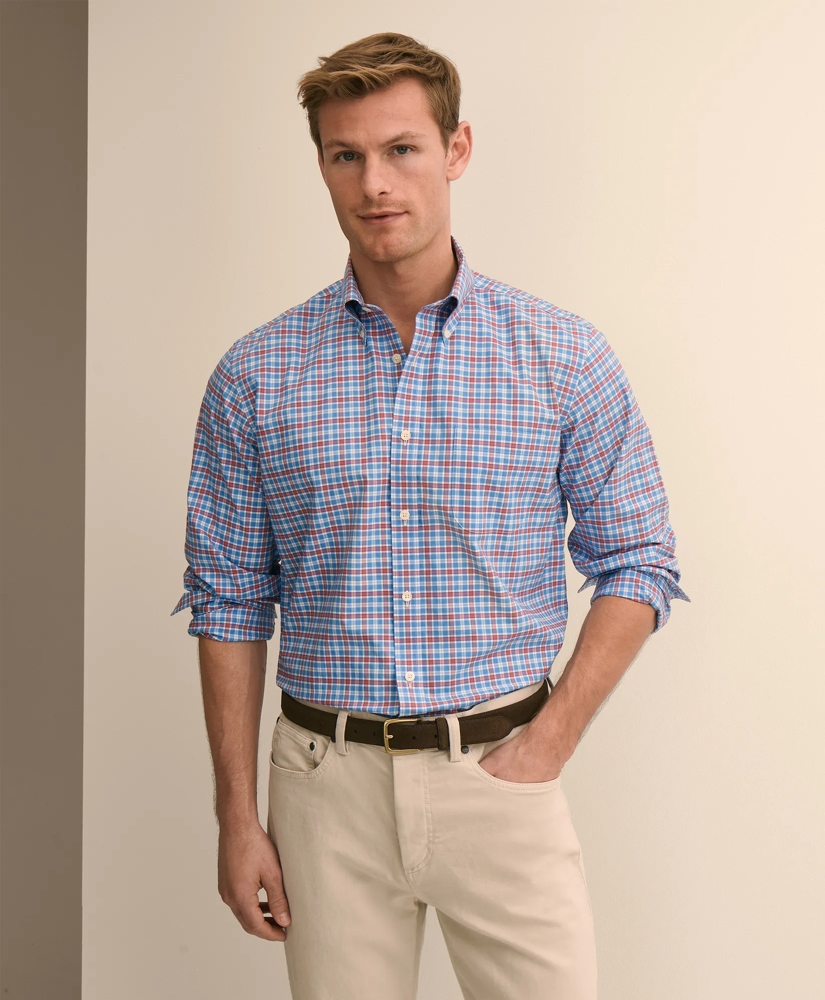 Stretch Supima&reg; Cotton Non-Iron Broadcloth Polo Button-Down Collar, Check Sport Shirt, image 1