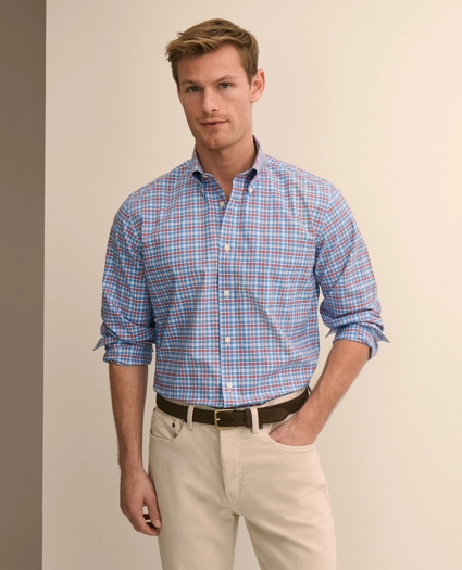 Stretch Supima&reg; Cotton Non-Iron Broadcloth Polo Button-Down Collar, Check Sport Shirt, image 1