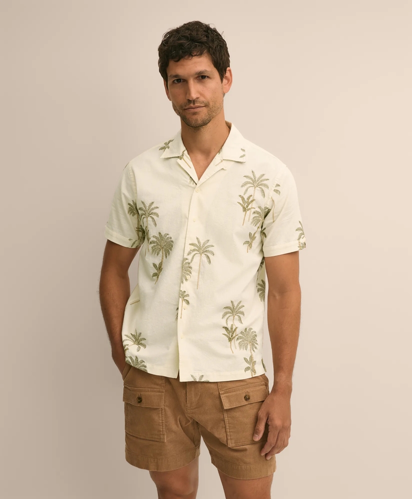 Cotton-Linen Camp Collar, Palm Tree Short-Sleeve Shirt, image 1