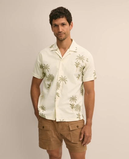 Cotton-Linen Camp Collar, Palm Tree Short-Sleeve Shirt, image 1