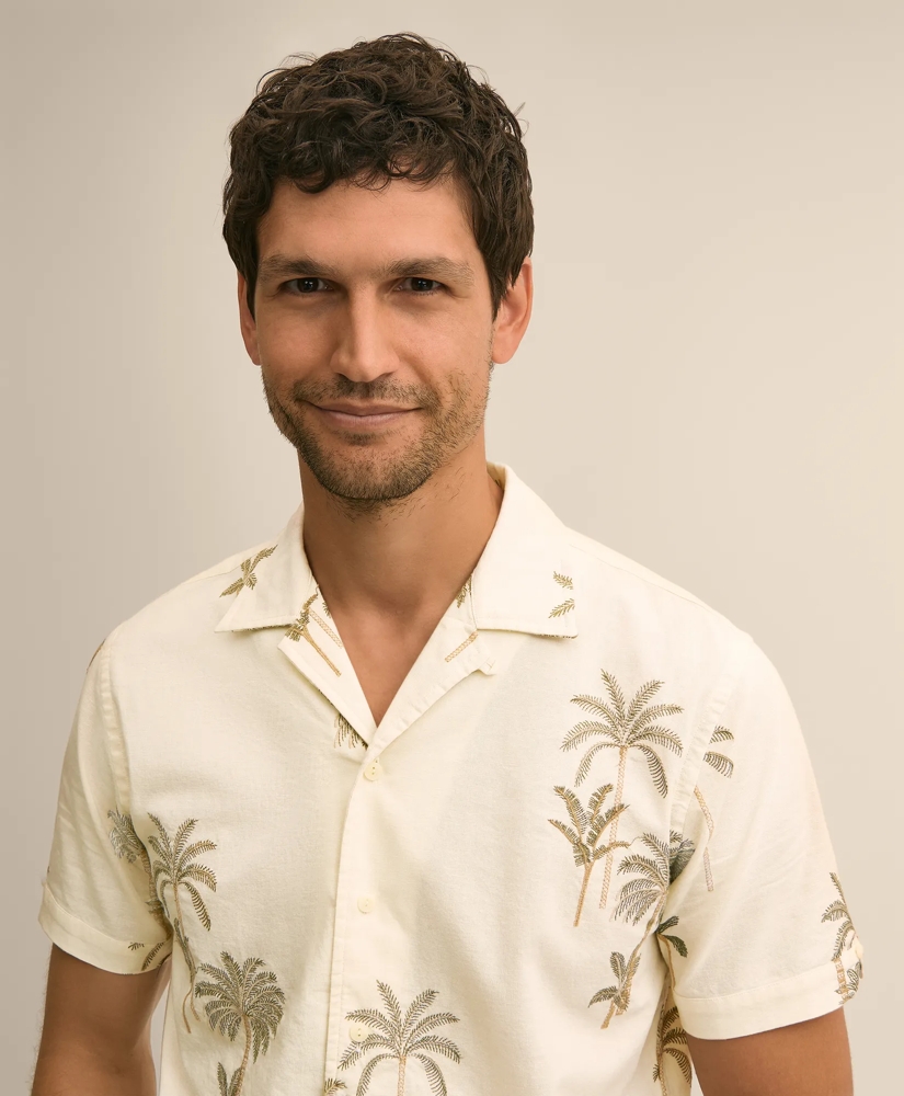 Cotton-Linen Camp Collar, Palm Tree Short-Sleeve Shirt, image 2