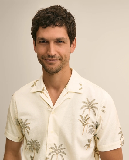Cotton-Linen Camp Collar, Palm Tree Short-Sleeve Shirt, image 2