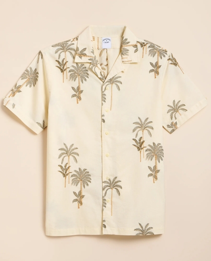Cotton-Linen Camp Collar, Palm Tree Short-Sleeve Shirt, image 4