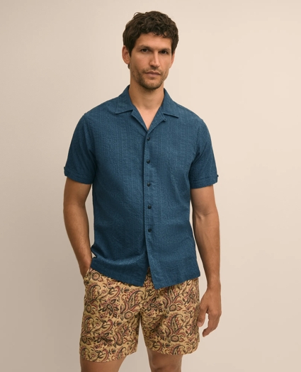 Cotton Embroidered Geo Camp Collar Short-Sleeve Shirt, image 1