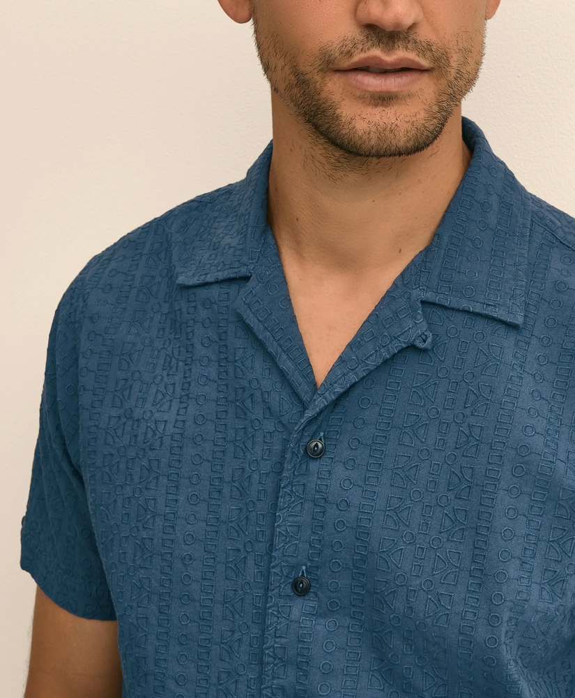 Cotton Embroidered Geo Camp Collar Short-Sleeve Shirt, image 2