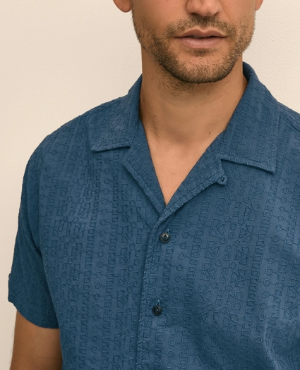 Cotton Embroidered Geo Camp Collar Short-Sleeve Shirt, image 2