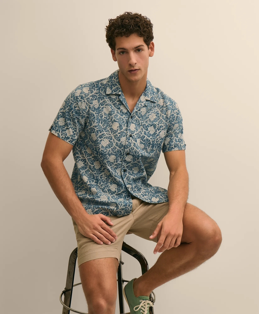 Cotton Camp Collar, Vine Block Print Short-Sleeve Shirt, image 1