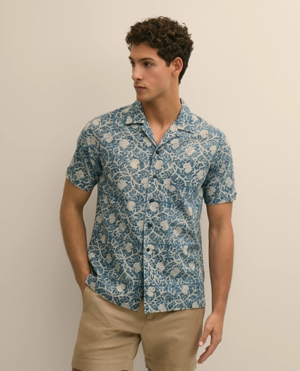 Cotton Camp Collar, Vine Block Print Short-Sleeve Shirt, image 4