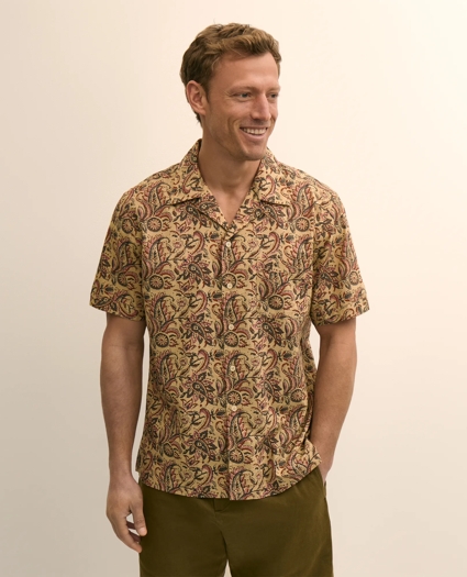 Cotton Camp Collar, Paisley Block Print Short-Sleeve Shirt, image 1
