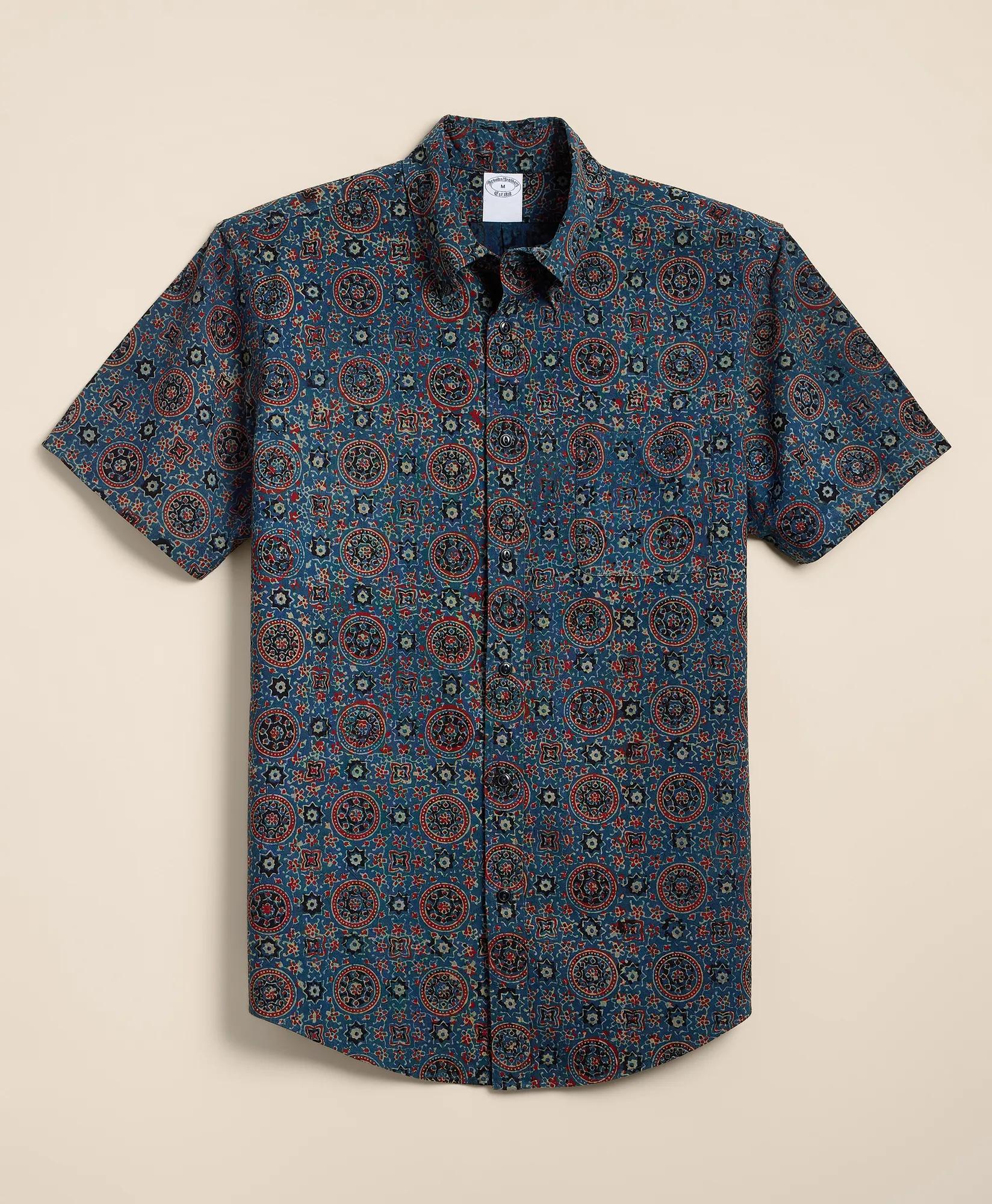 Cotton Camp Collar, Block Mosaic Print Short-Sleeve Shirt, image 1