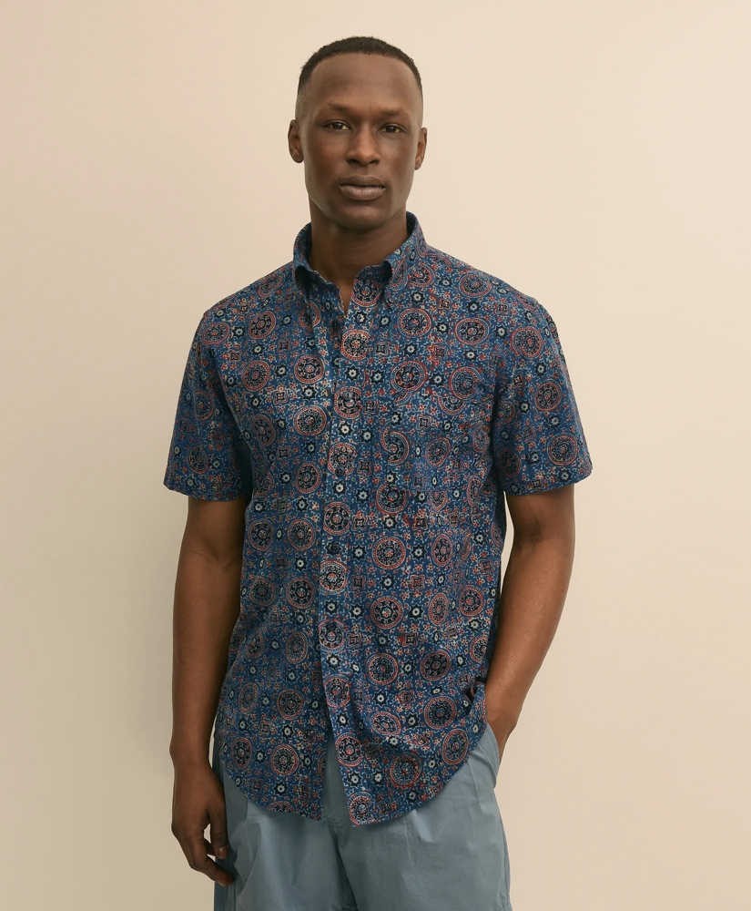 Cotton Camp Collar, Block Mosaic Print Short-Sleeve Shirt, image 1