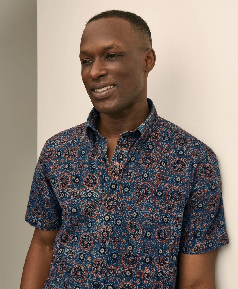 Cotton Camp Collar, Block Mosaic Print Short-Sleeve Shirt, image 2