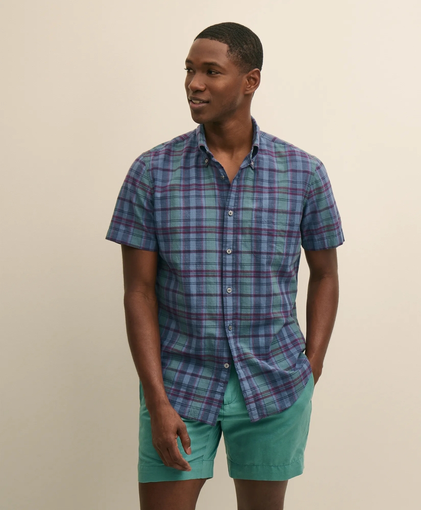 Cotton Madras Polo Button-Down Collar, Short-Sleeve Shirt, image 1