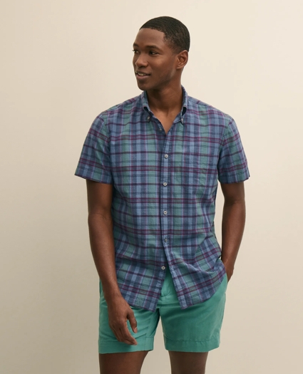 Cotton Madras Polo Button-Down Collar, Short-Sleeve Shirt, image 1