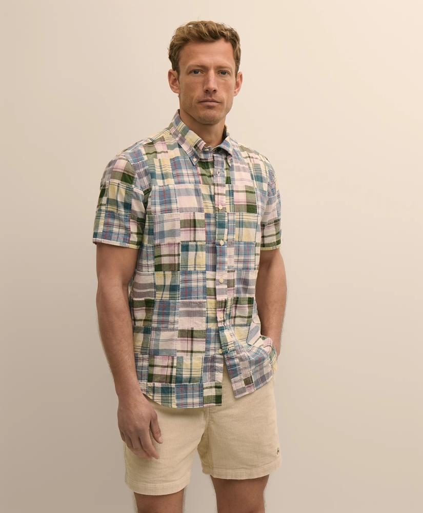 Cotton Patchwork Madras Polo Button-Down Collar, Short-Sleeve Shirt, image 1