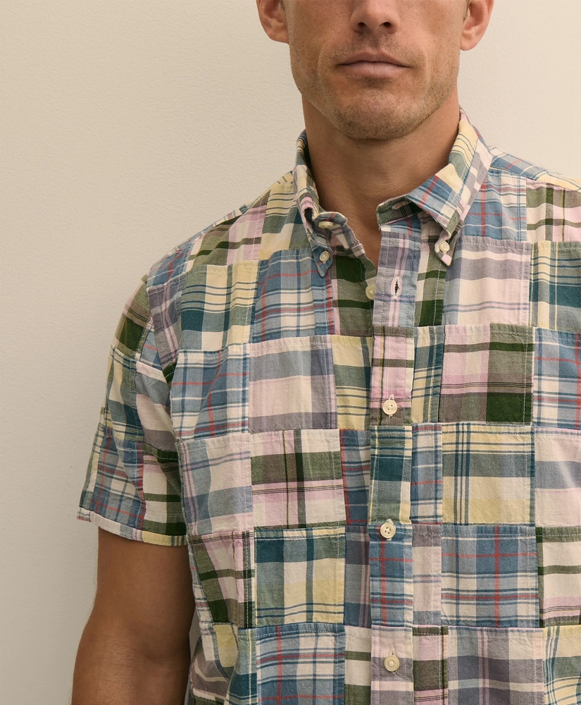 Cotton Patchwork Madras Polo Button-Down Collar, Short-Sleeve Shirt, image 2