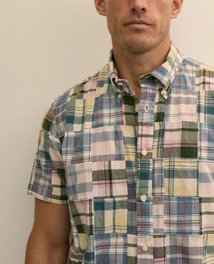 Cotton Patchwork Madras Polo Button-Down Collar, Short-Sleeve Shirt, image 2