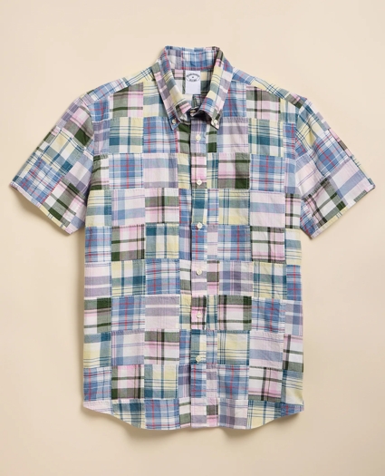 Cotton Patchwork Madras Polo Button-Down Collar, Short-Sleeve Shirt, image 3
