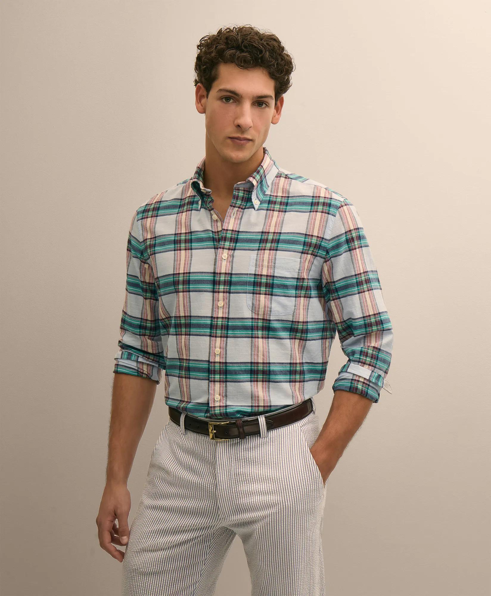 Cotton Madras Polo Button-Down Collar Shirt, image 1