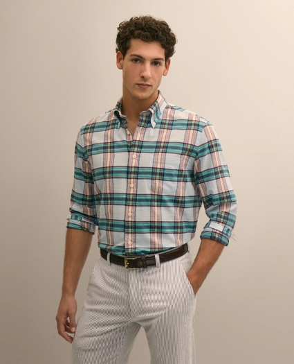 Cotton Madras Polo Button-Down Collar Shirt, image 1