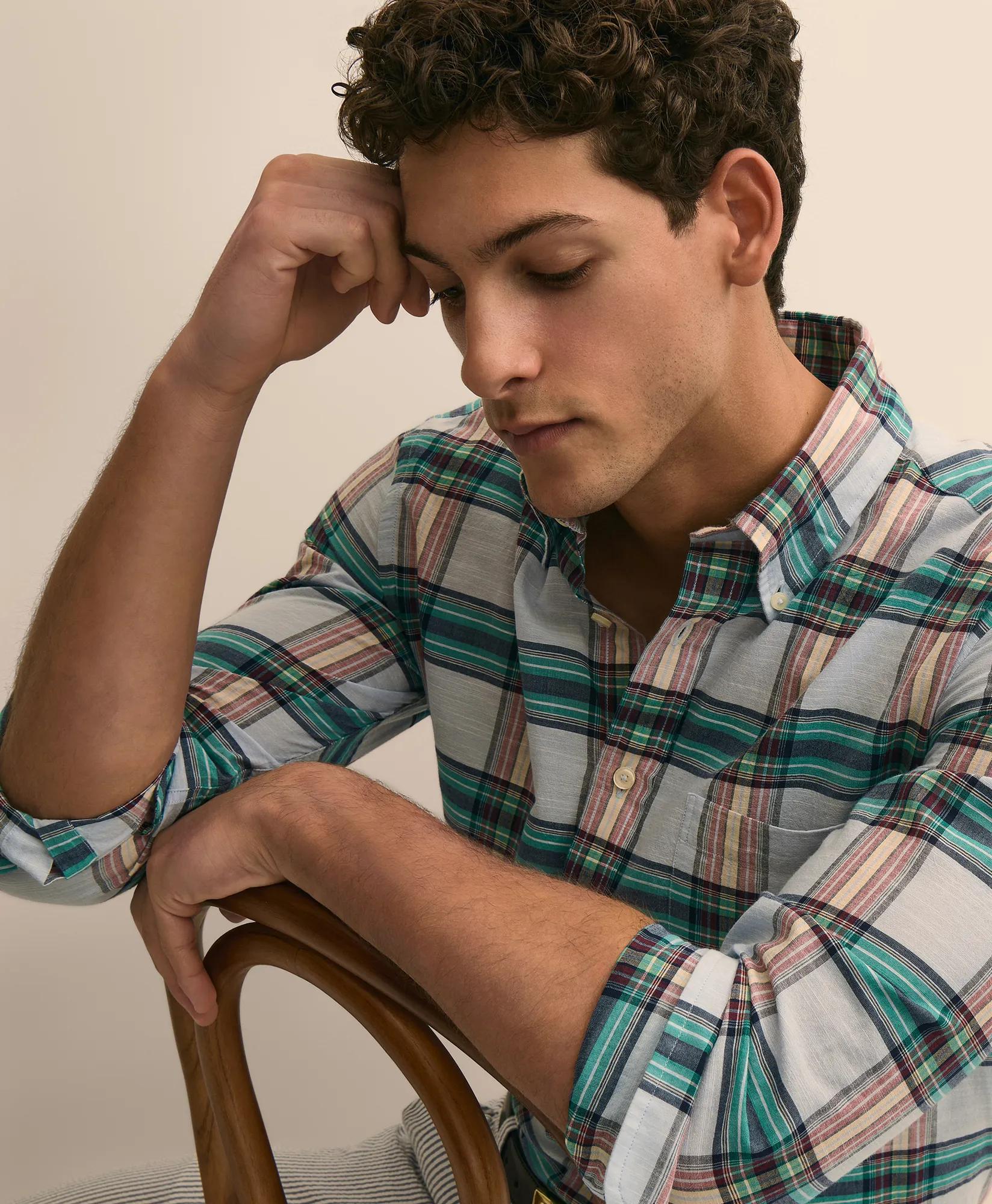 Cotton Madras Polo Button-Down Collar Shirt, image 2