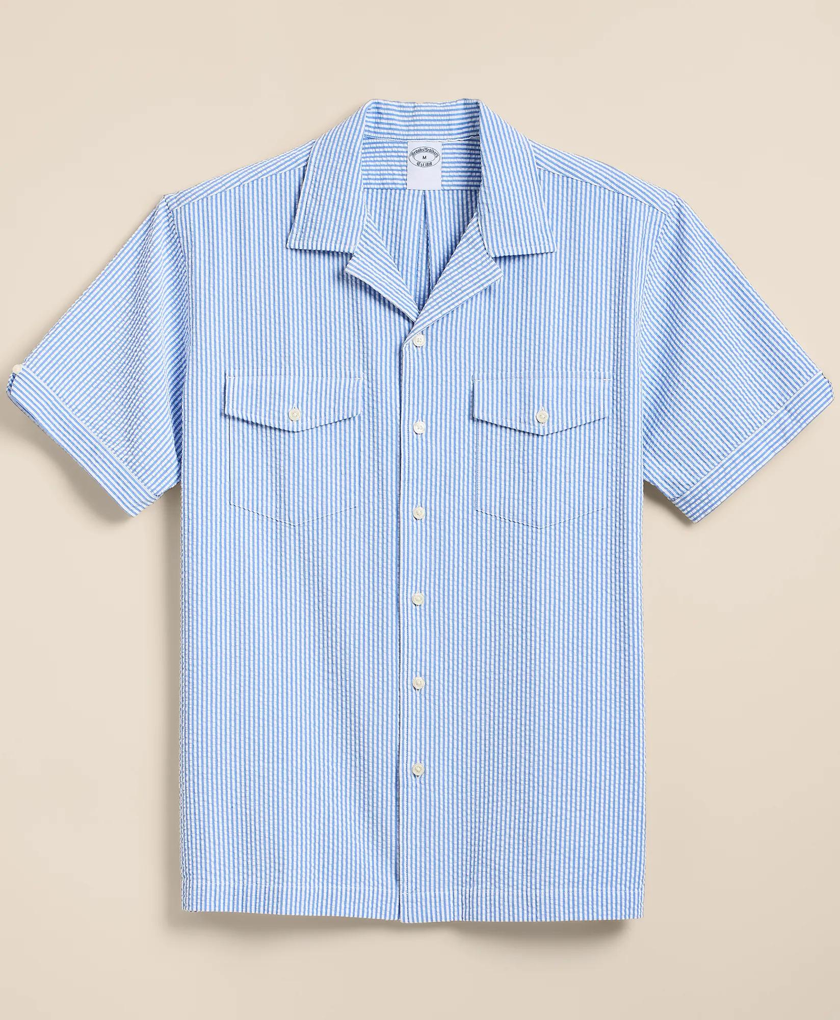Cotton Blend Seersucker Camp Collar Shirt, image 1