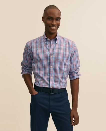 Performance Series Stretch Polo Button-Down Collar, Gingham Sport Shirt, image 1