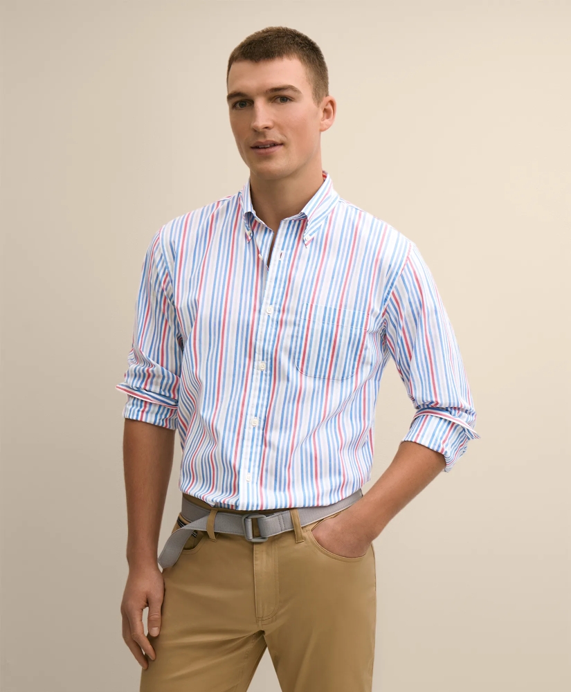 Performance Series Stretch Polo Button-Down Collar, Multi-Stripe Sport Shirt, image 1