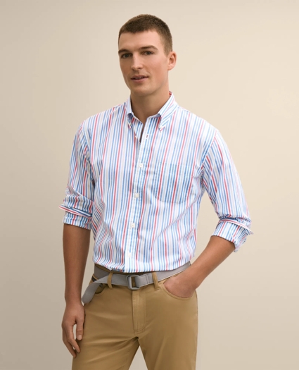 Performance Series Stretch Polo Button-Down Collar, Multi-Stripe Sport Shirt, image 1