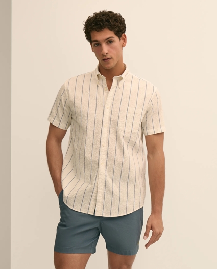 Washed Cotton Seersucker Button-Down Collar, Stripe Short-Sleeve Sport Shirt, image 1