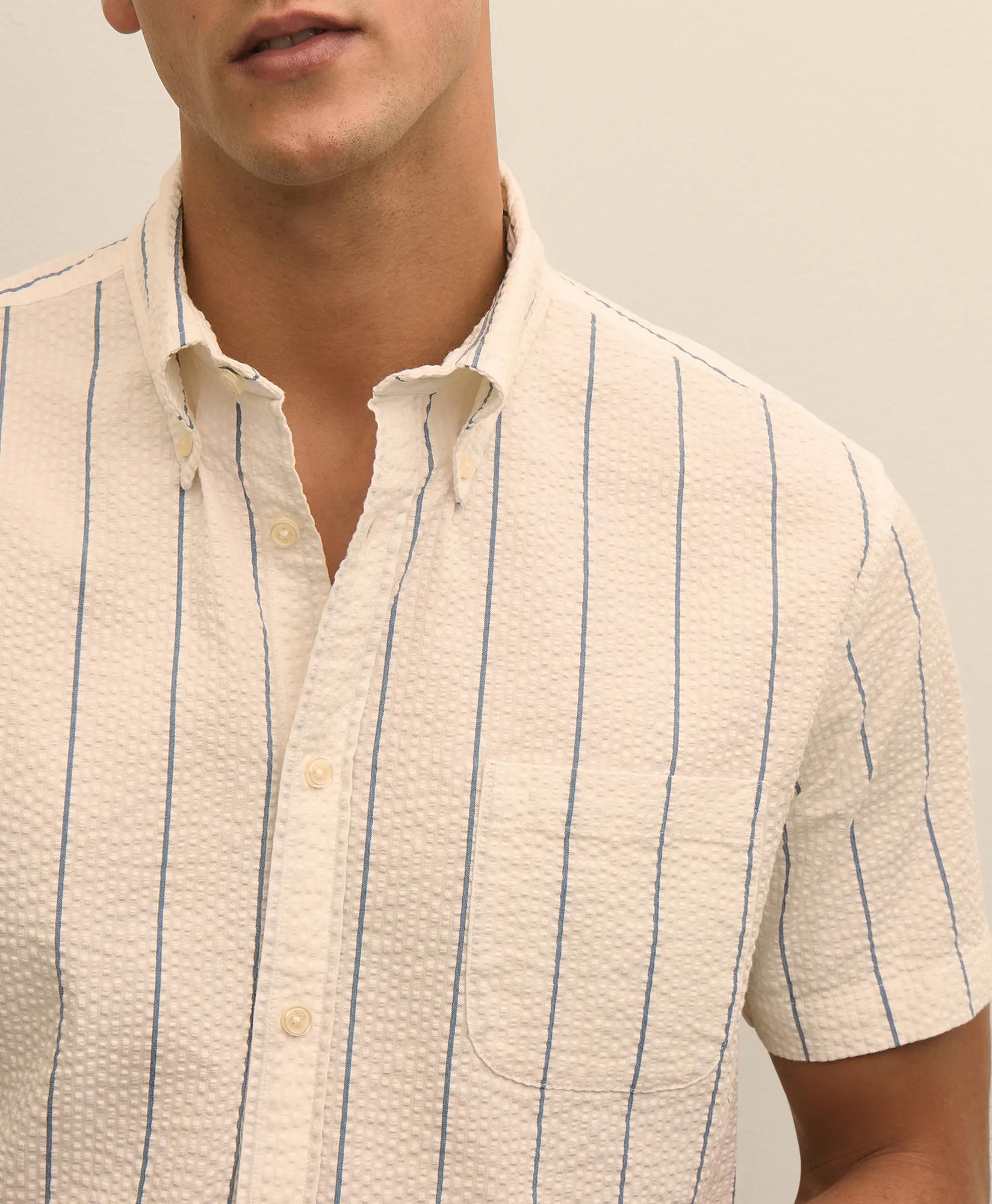 Washed Cotton Seersucker Button-Down Collar, Stripe Short-Sleeve Sport Shirt, image 2