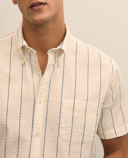 Washed Cotton Seersucker Button-Down Collar, Stripe Short-Sleeve Sport Shirt, image 2