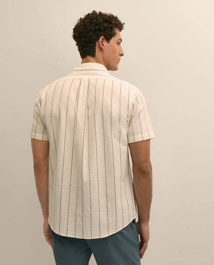 Washed Cotton Seersucker Button-Down Collar, Stripe Short-Sleeve Sport Shirt, image 3