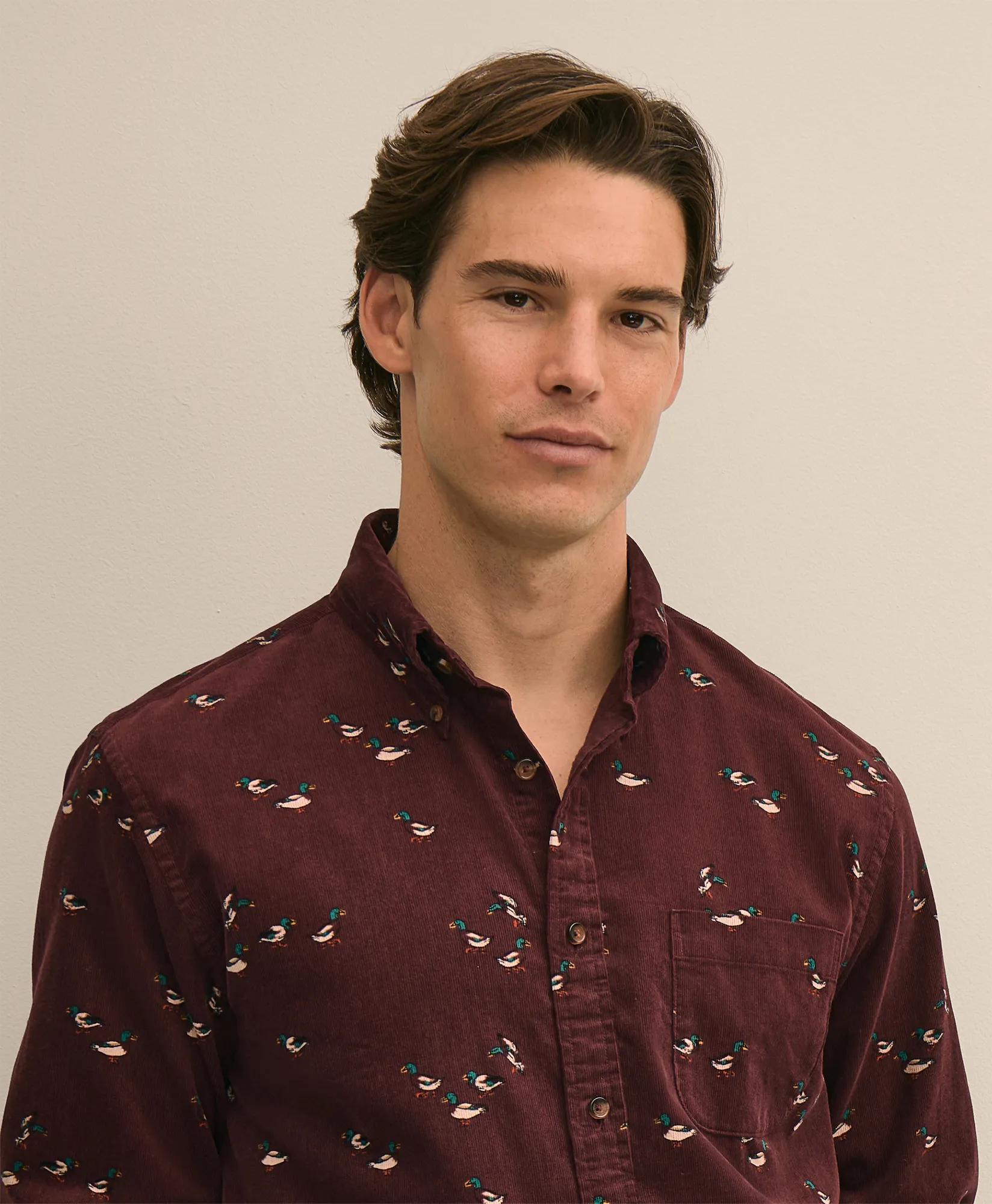 Cotton Fine-Wale Corduroy Mallard-Motif Sport Shirt, image 2