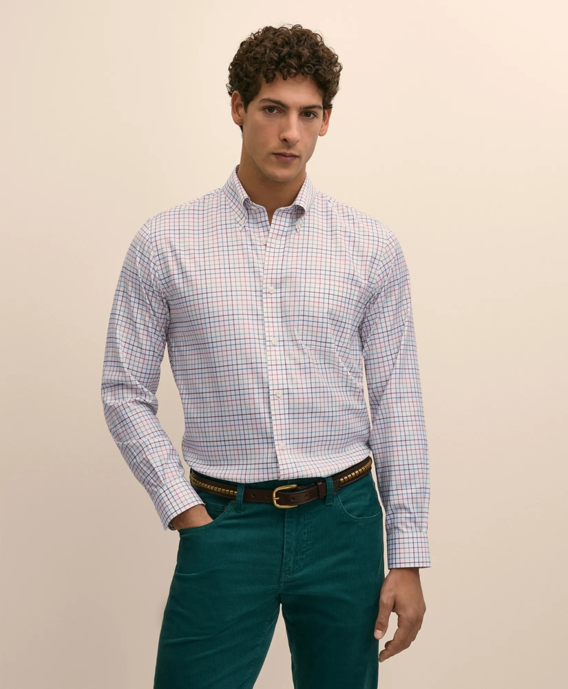Stretch Cotton Non-Iron Twill Button Down Collar, Check Sport Shirt, image 1