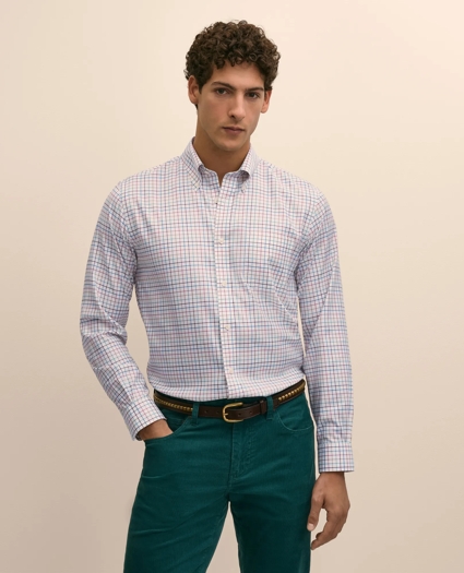 Stretch Cotton Non-Iron Twill Button Down Collar, Check Sport Shirt, image 1