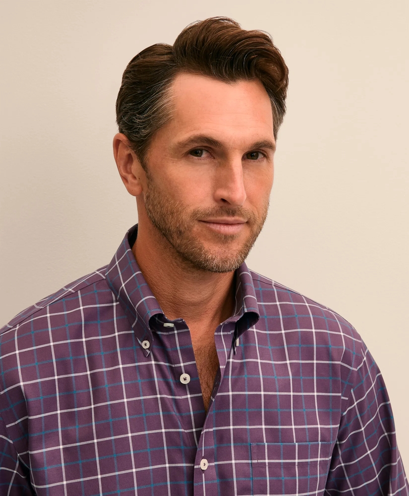 Stretch Cotton Non-Iron Twill Button Down Collar, Windowpane Sport Shirt, image 3