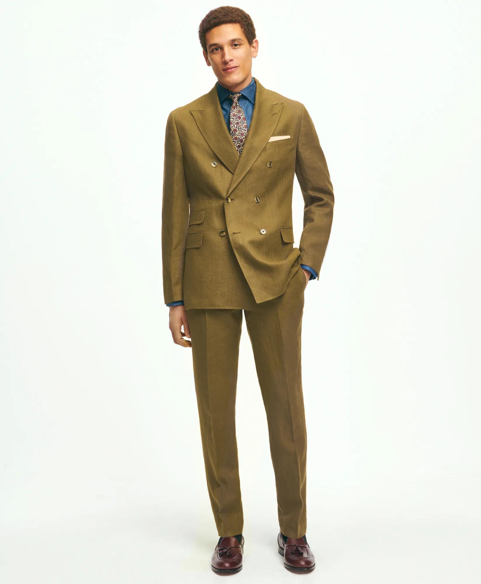 Slim Fit Linen Herringbone Double-Breasted Suit Jacket