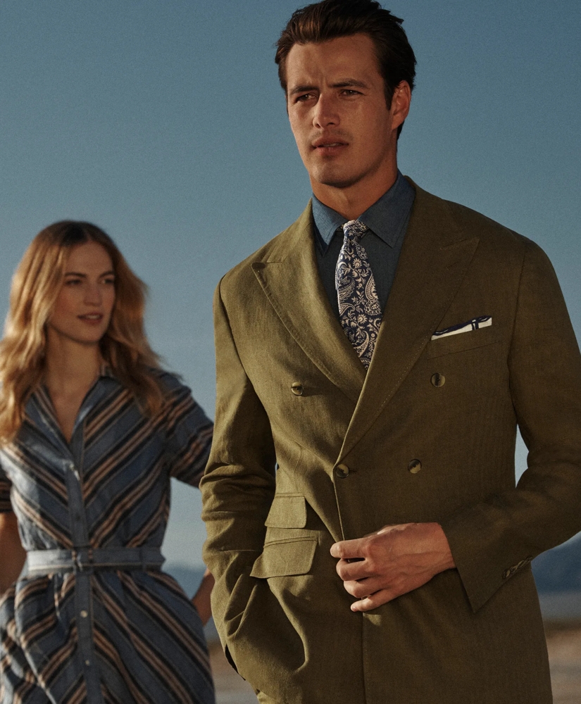 Slim Fit Linen Herringbone Double-Breasted Suit Jacket, image 8