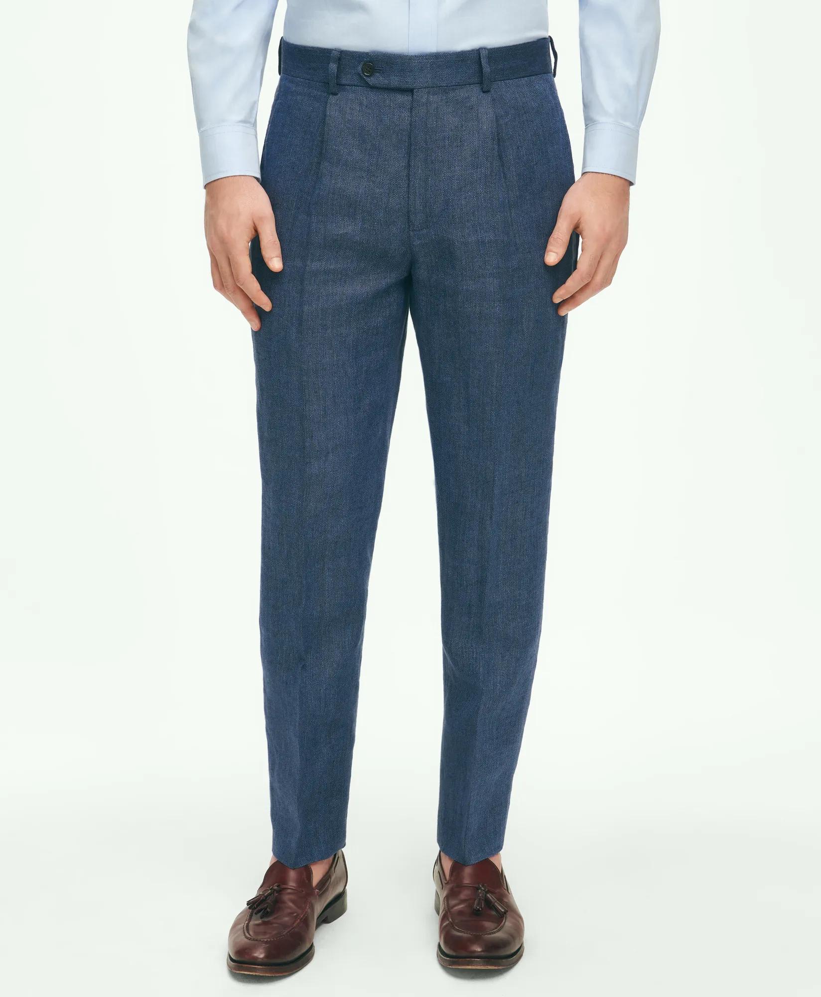 Slim Fit Linen-Blend Herringbone Suit Pants