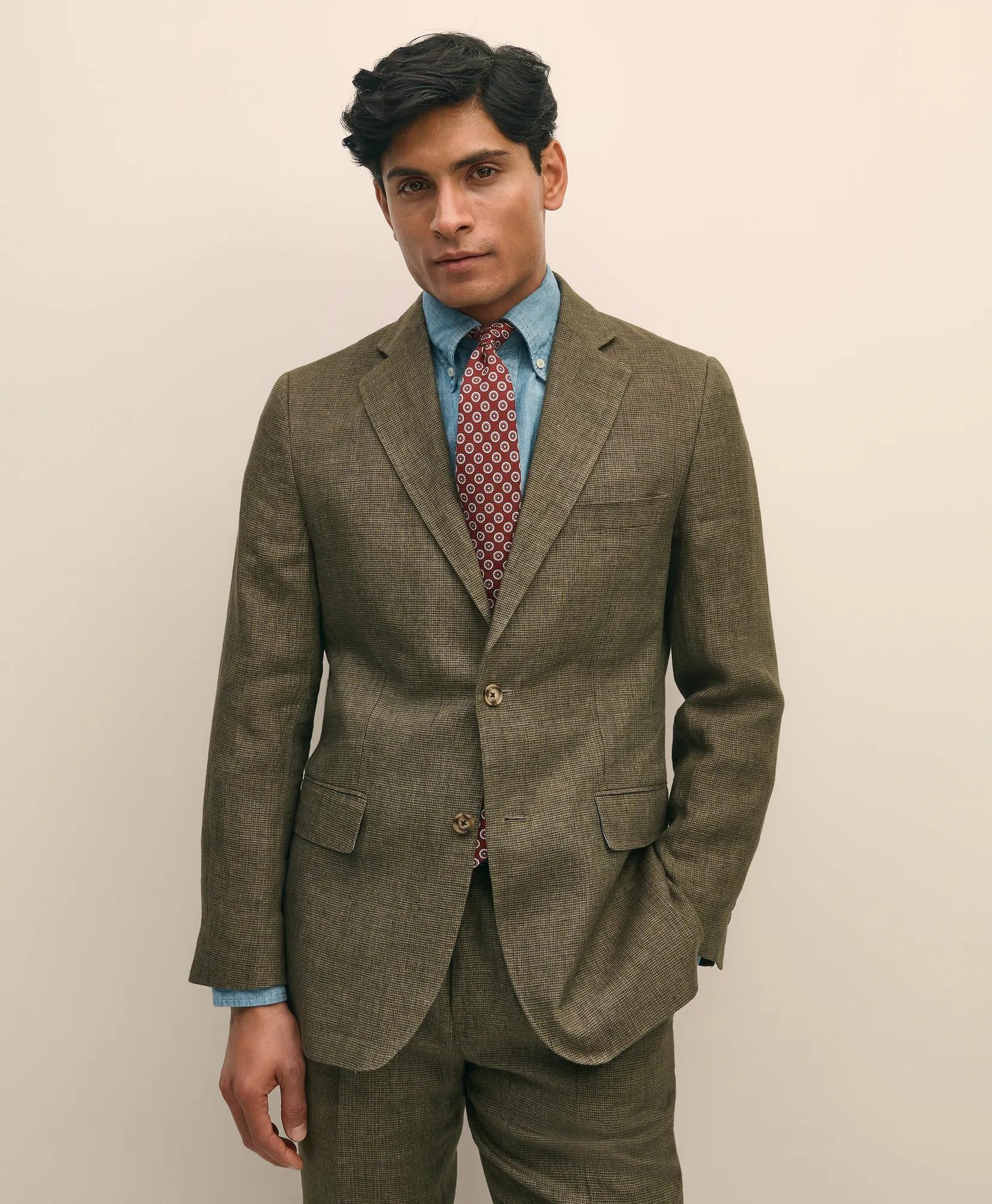 Slim Fit Houndstooth Linen Suit Jacket